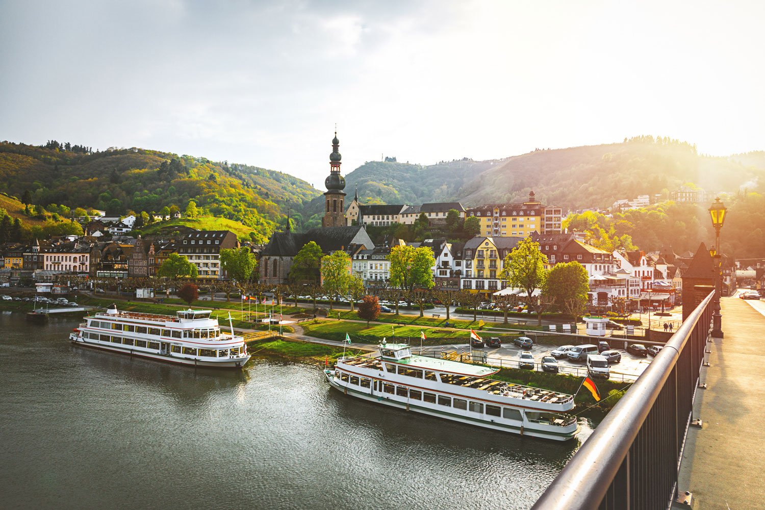 A European riverside village viewed from the water