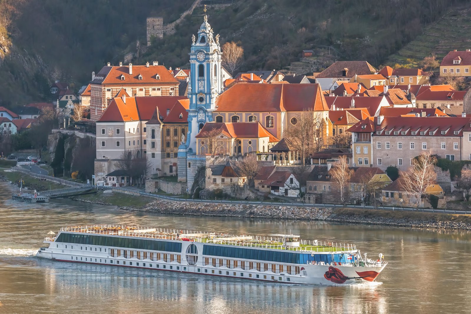 Charming European riverside village